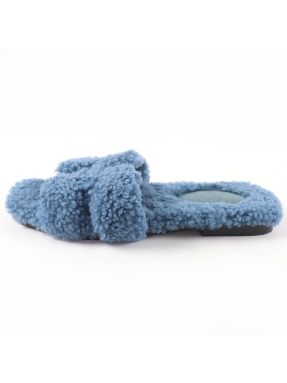 Hermes Oran Shearling Leather Mules Flat Sandals Blue - Picture 5 of 10